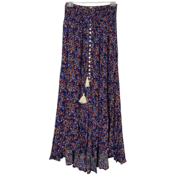 Rachel Zoe Boho Maxi Skirt S Blue Floral Smocked Waist Button Up Cottagecore - Picture 1 of 6